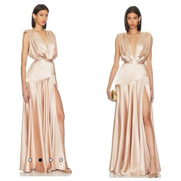 Bronx and Banco Romi Champagne Satin Gown XS | Deep Plunge & High Slit Dress - Picture 1 of 13